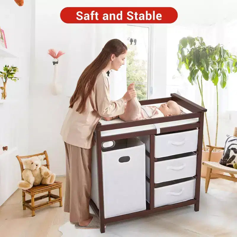Commode à langer moderne pour bébé avec 3 tiroirs et panier à linge, meuble de chambre d'enfant