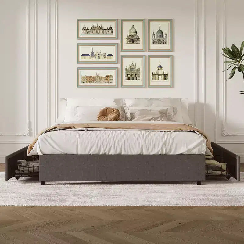 Coolmee King Size Bed Frame with 4 Storage Drawers, King Platform Bed with Linen Fabric Upholstered and Wooden Slats Support, No Box Spring Needed