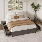 Coolmee Cadre de lit King Size avec 4 tiroirs de rangement, lit plateforme King avec revêtement en tissu lin et support à lattes en bois, pas besoin de sommier.