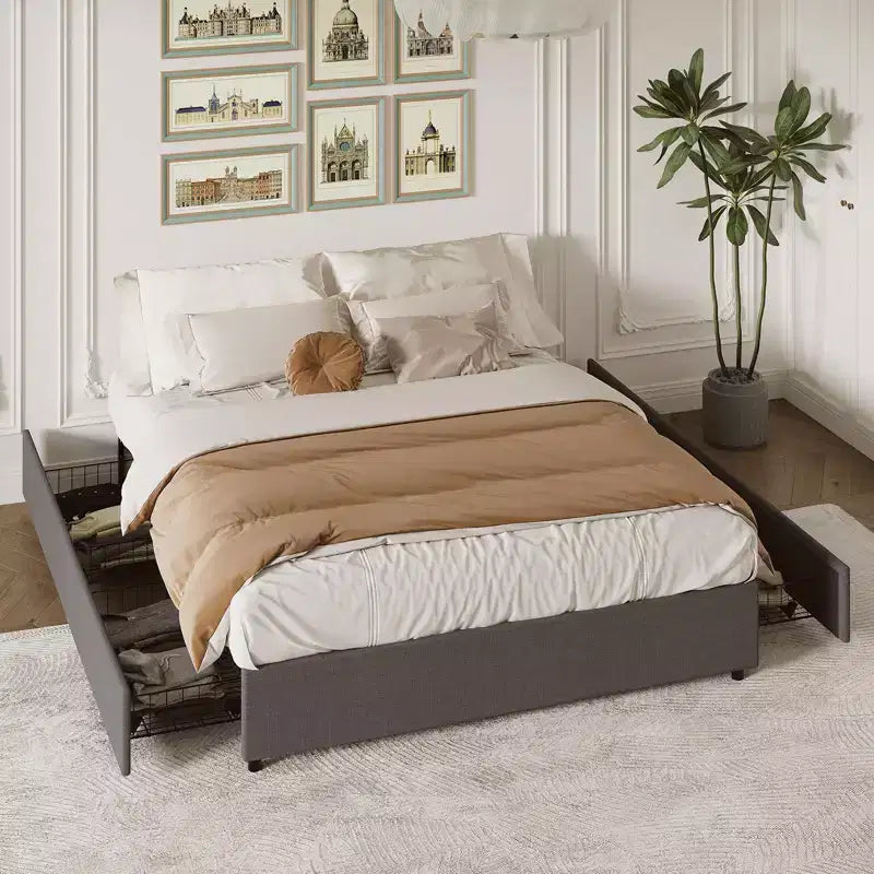 Coolmee Cadre de lit King Size avec 4 tiroirs de rangement, lit plateforme King avec revêtement en tissu lin et support à lattes en bois, pas besoin de sommier.