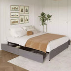 Coolmee Cadre de lit King Size avec 4 tiroirs de rangement, lit plateforme King avec revêtement en tissu lin et support à lattes en bois, pas besoin de sommier.