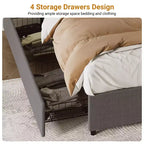 Coolmee Cadre de lit King Size avec 4 tiroirs de rangement, lit plateforme King avec revêtement en tissu lin et support à lattes en bois, pas besoin de sommier.