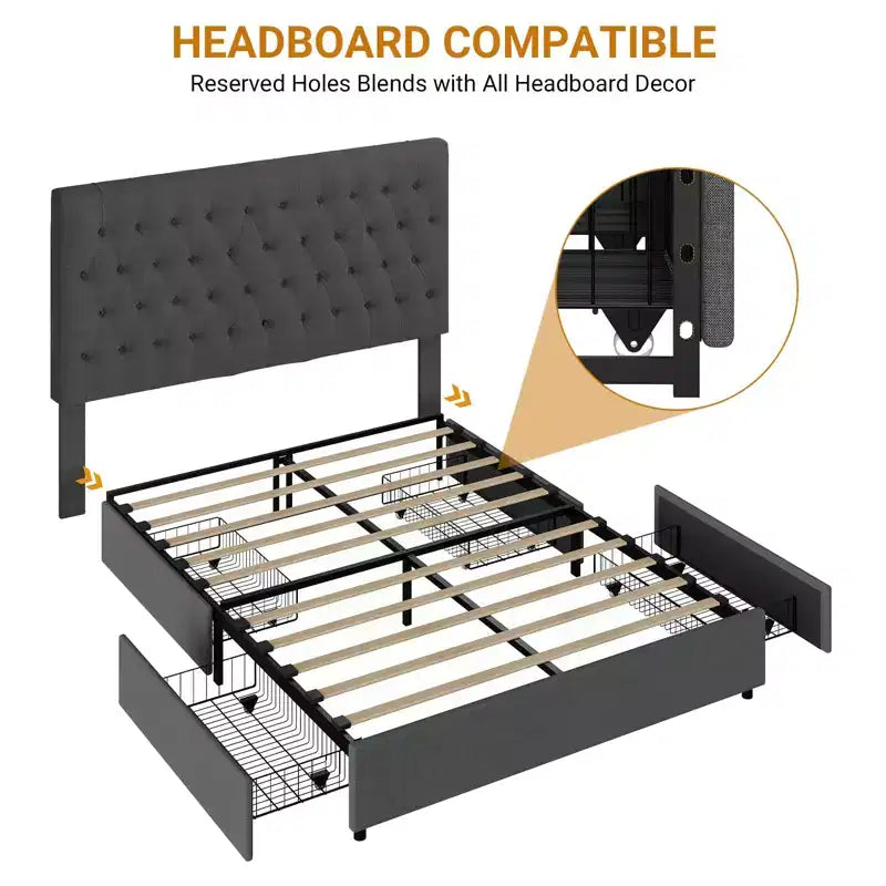 Coolmee Cadre de lit King Size avec 4 tiroirs de rangement, lit plateforme King avec revêtement en tissu lin et support à lattes en bois, pas besoin de sommier.
