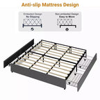 Coolmee Cadre de lit King Size avec 4 tiroirs de rangement, lit plateforme King avec revêtement en tissu lin et support à lattes en bois, pas besoin de sommier.