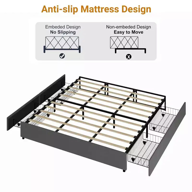 Coolmee Cadre de lit King Size avec 4 tiroirs de rangement, lit plateforme King avec revêtement en tissu lin et support à lattes en bois, pas besoin de sommier.