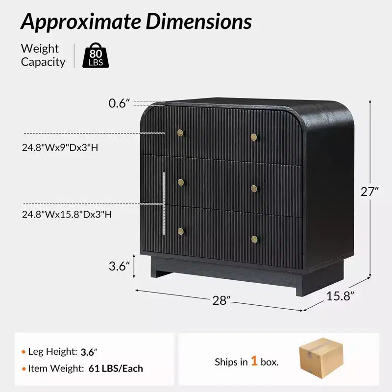 Ernest 27 po. Table d'appoint à 3 tiroirs (lot de 2) | Hulala Home-NOIR