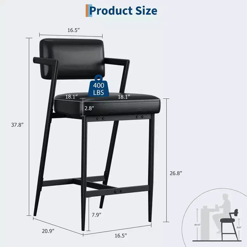 Lot de 2 tabourets de bar de ferme, chaises hautes rembourrées, cadre en métal, avec coussin épais, dossier, pour îlot de cuisine, bar à domicile