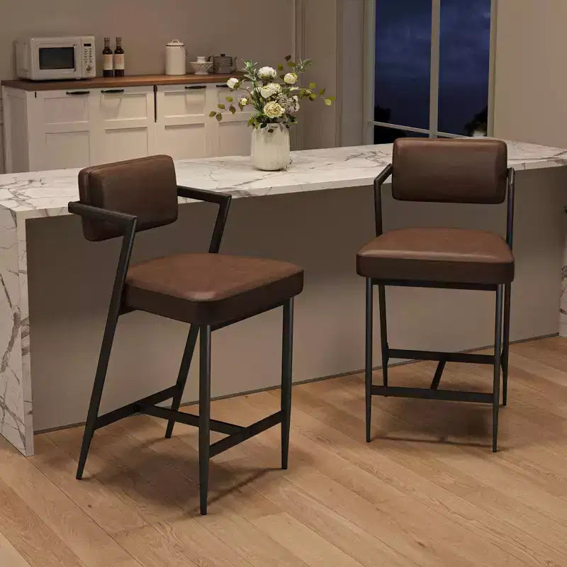 Lot de 2 tabourets de bar de ferme, chaises hautes rembourrées, cadre en métal, avec coussin épais, dossier, pour îlot de cuisine, bar à domicile