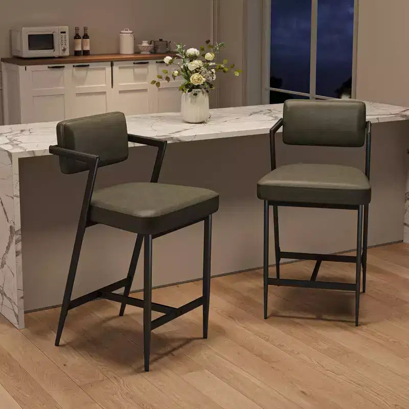 Lot de 2 tabourets de bar de ferme, chaises hautes rembourrées, cadre en métal, avec coussin épais, dossier, pour îlot de cuisine, bar à domicile