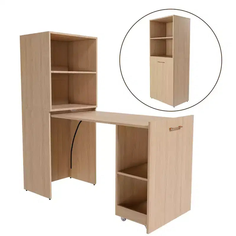 Bureau extensible avec étagères de rangement et roulettes, design pliable pour petits espaces et bureaux (Bois clair)