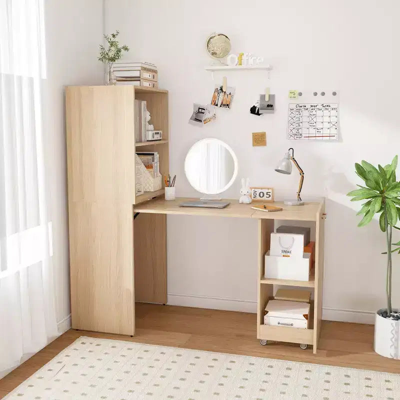 Bureau extensible avec étagères de rangement et roulettes, design pliable pour petits espaces et bureaux (Bois clair)