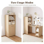 Bureau extensible avec étagères de rangement et roulettes, design pliable pour petits espaces et bureaux (Bois clair)