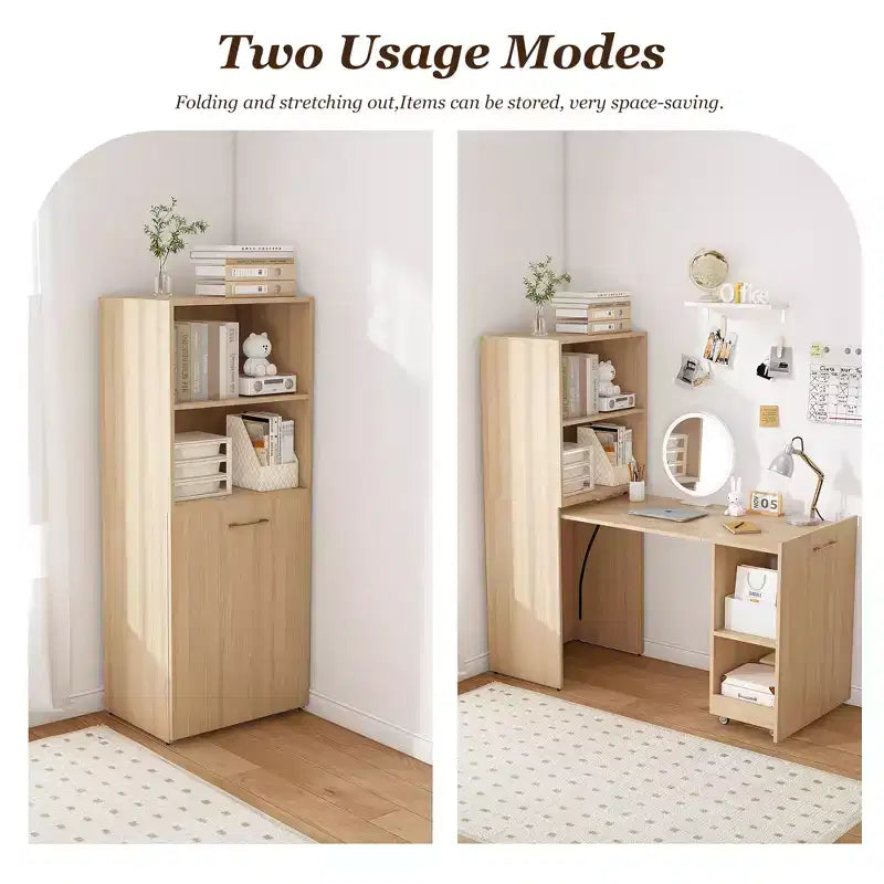 Bureau extensible avec étagères de rangement et roulettes, design pliable pour petits espaces et bureaux (Bois clair)