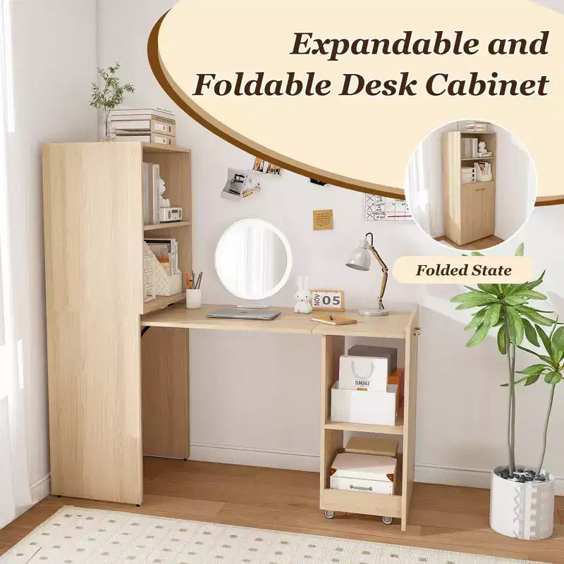 Bureau extensible avec étagères de rangement et roulettes, design pliable pour petits espaces et bureaux (Bois clair)