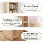 Bureau extensible avec étagères de rangement et roulettes, design pliable pour petits espaces et bureaux (Bois clair)