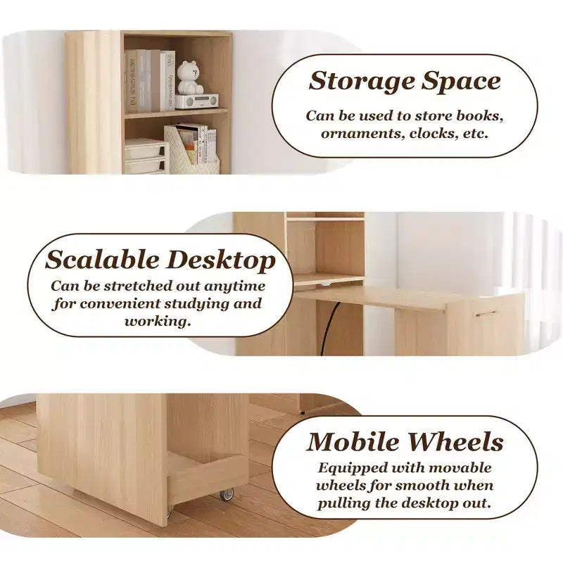 Bureau extensible avec étagères de rangement et roulettes, design pliable pour petits espaces et bureaux (Bois clair)