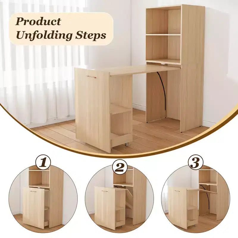 Bureau extensible avec étagères de rangement et roulettes, design pliable pour petits espaces et bureaux (Bois clair)