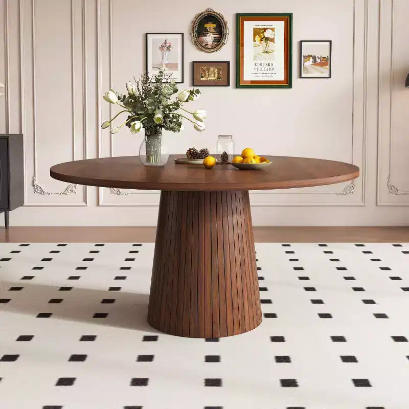47 Table à Manger Ronde Moderne pour 4 Personnes, Table de Cuisine de Style Ferme avec Base à Lattes de Bois, Table Pied Central pour Salle à Manger-Panipeachy