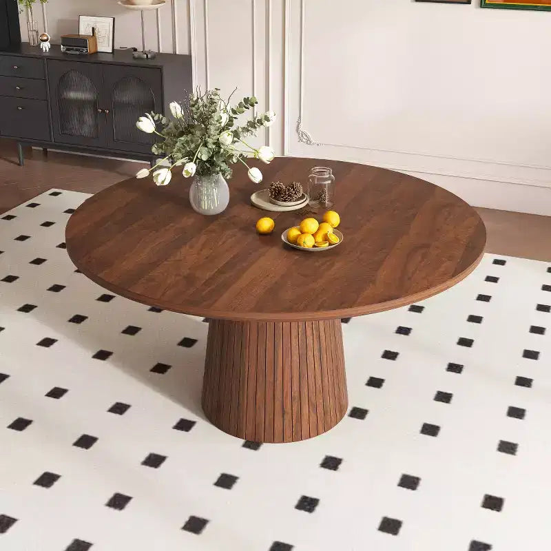 47 Table à Manger Ronde Moderne pour 4 Personnes, Table de Cuisine de Style Ferme avec Base à Lattes de Bois, Table Pied Central pour Salle à Manger-Panipeachy