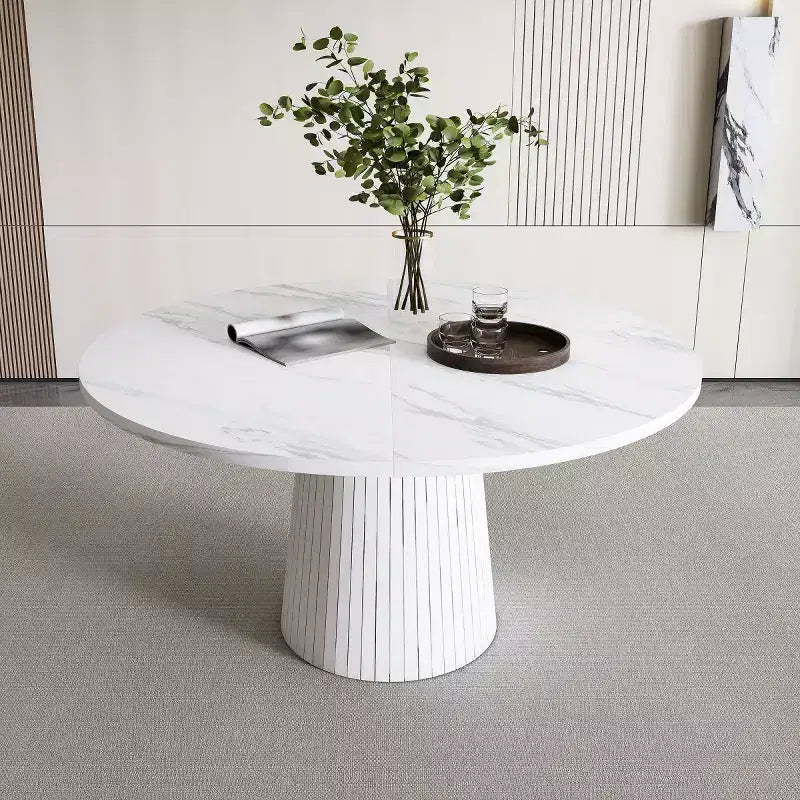 47 Table à Manger Ronde Moderne pour 4 Personnes, Table de Cuisine de Style Ferme avec Base à Lattes de Bois, Table Pied Central pour Salle à Manger-Panipeachy