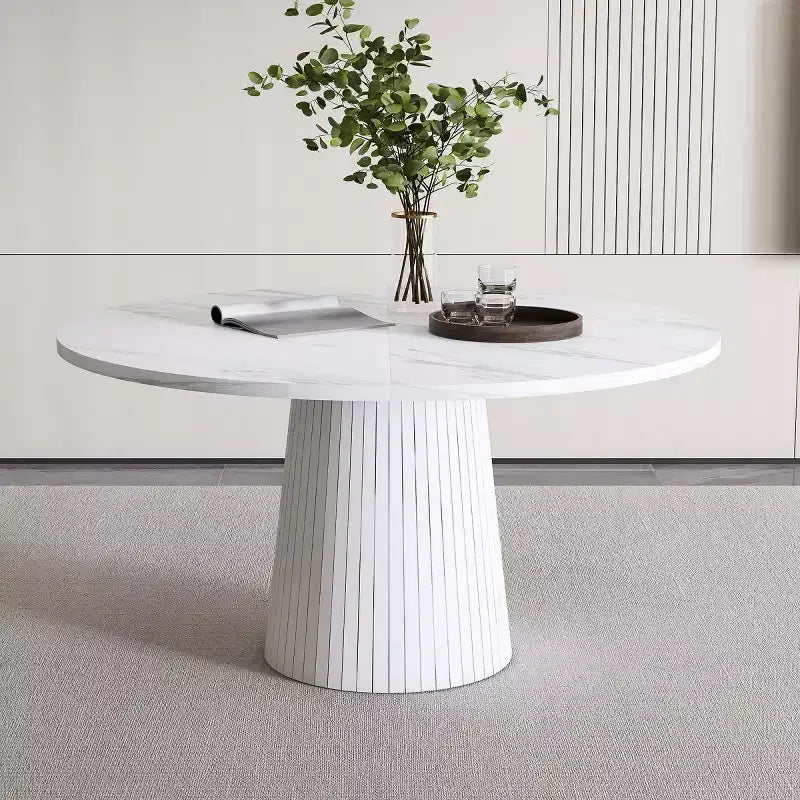 47 Table à Manger Ronde Moderne pour 4 Personnes, Table de Cuisine de Style Ferme avec Base à Lattes de Bois, Table Pied Central pour Salle à Manger-Panipeachy