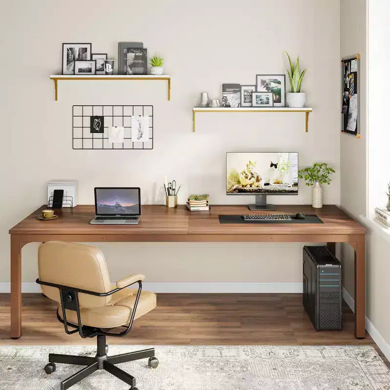 Bureau d'ordinateur extra long Lantine de 199,9 cm, poste de travail double pour 2 personnes pour le bureau à domicile, marron café