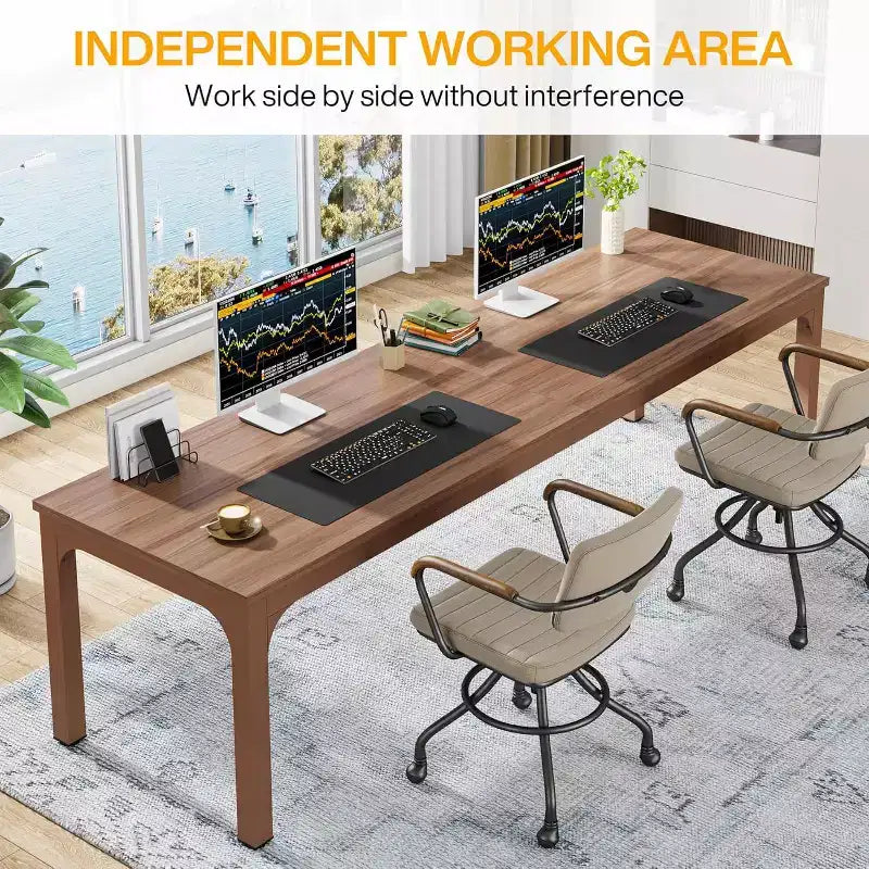 Bureau d'ordinateur extra long Lantine de 199,9 cm, poste de travail double pour 2 personnes pour le bureau à domicile, marron café