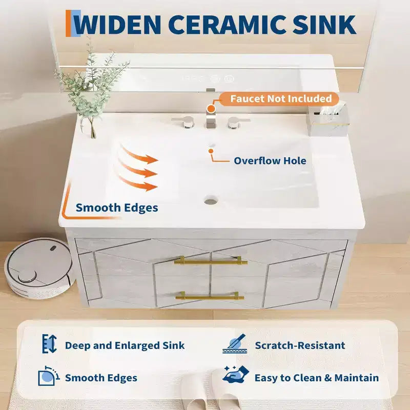 Meuble-lavabo mural 76 cm avec vasque, Meuble de salle de bain moderne, Plateau de meuble-lavabo en céramique, 2 grands tiroirs de rangement avec poignée en métal doré