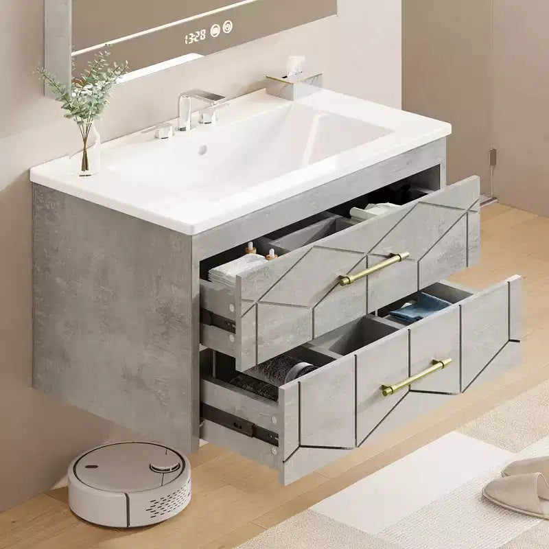 Meuble-lavabo mural 76 cm avec vasque, Meuble de salle de bain moderne, Plateau de meuble-lavabo en céramique, 2 grands tiroirs de rangement avec poignée en métal doré