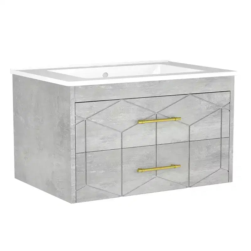 Meuble-lavabo mural 76 cm avec vasque, Meuble de salle de bain moderne, Plateau de meuble-lavabo en céramique, 2 grands tiroirs de rangement avec poignée en métal doré