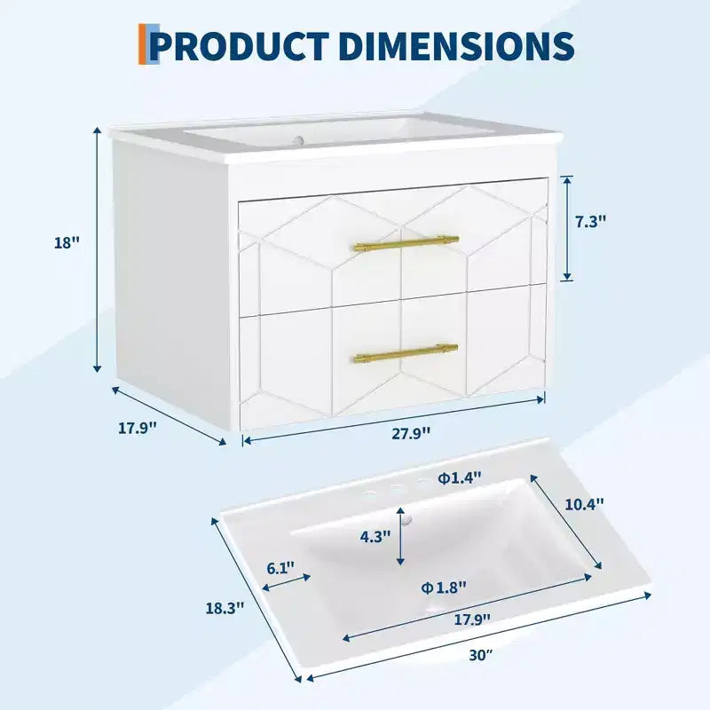 Meuble-lavabo mural 76 cm avec vasque, Meuble de salle de bain moderne, Plateau de meuble-lavabo en céramique, 2 grands tiroirs de rangement avec poignée en métal doré