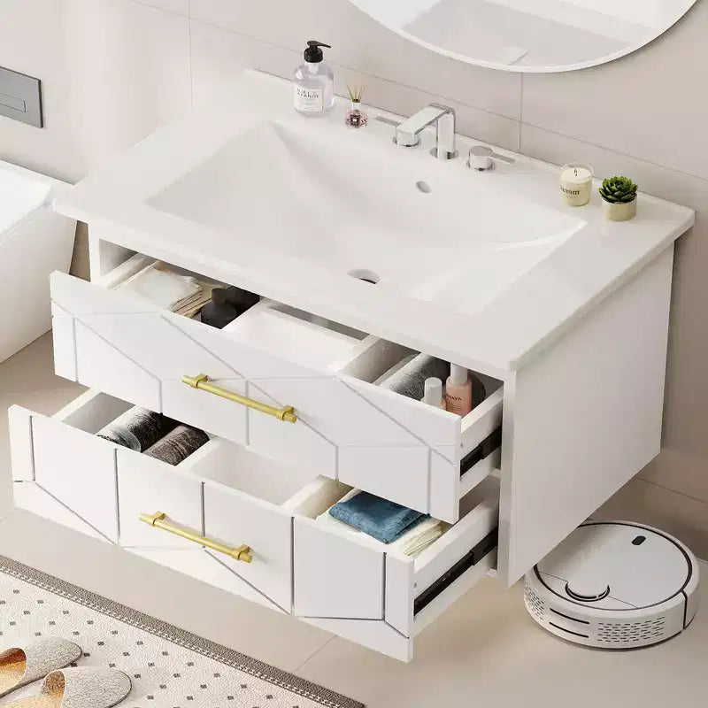 Meuble-lavabo mural 76 cm avec vasque, Meuble de salle de bain moderne, Plateau de meuble-lavabo en céramique, 2 grands tiroirs de rangement avec poignée en métal doré