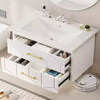 Meuble-lavabo mural 76 cm avec vasque, Meuble de salle de bain moderne, Plateau de meuble-lavabo en céramique, 2 grands tiroirs de rangement avec poignée en métal doré