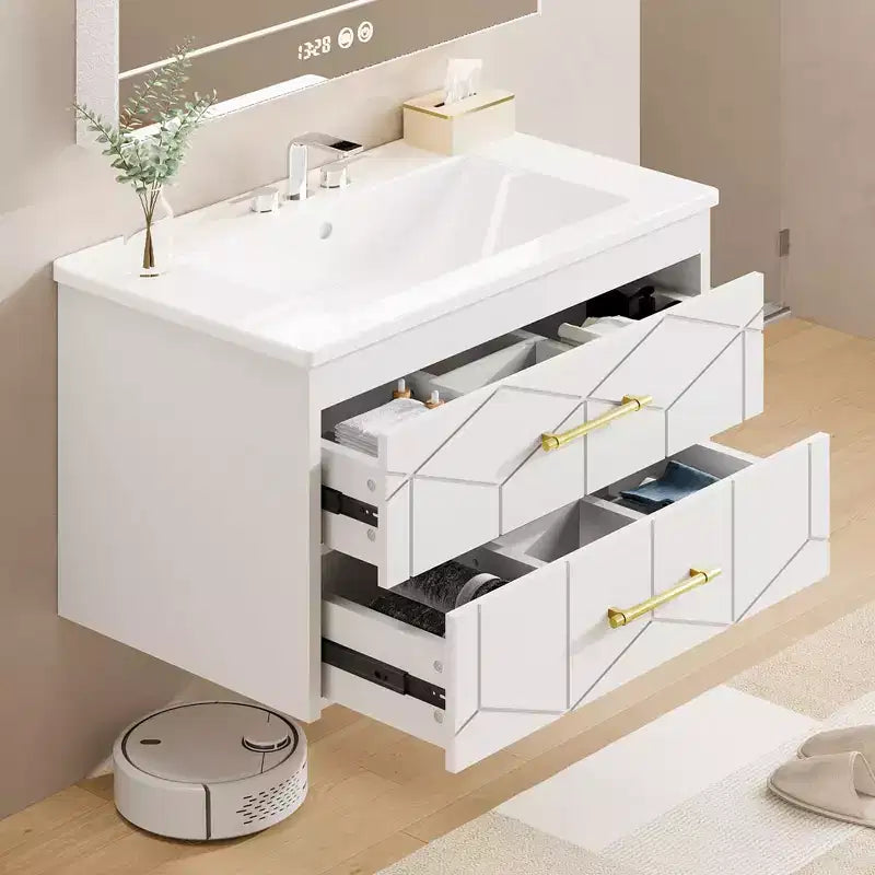 Meuble-lavabo mural 76 cm avec vasque, Meuble de salle de bain moderne, Plateau de meuble-lavabo en céramique, 2 grands tiroirs de rangement avec poignée en métal doré