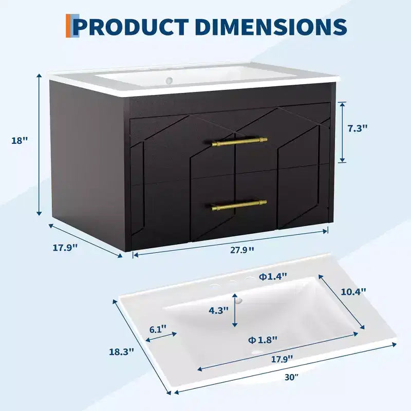 Meuble-lavabo mural 76 cm avec vasque, Meuble de salle de bain moderne, Plateau de meuble-lavabo en céramique, 2 grands tiroirs de rangement avec poignée en métal doré