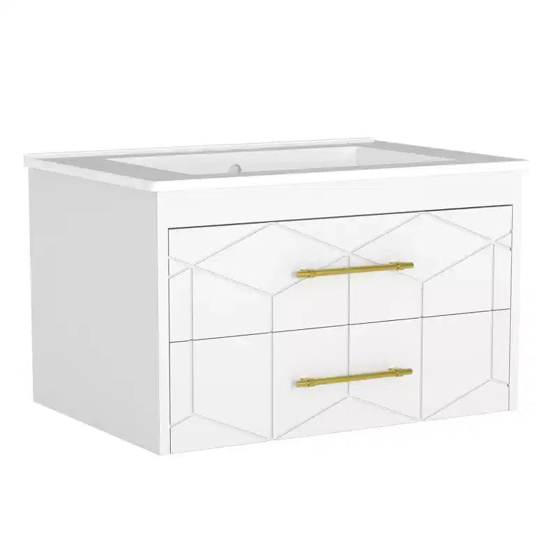 Meuble-lavabo mural 76 cm avec vasque, Meuble de salle de bain moderne, Plateau de meuble-lavabo en céramique, 2 grands tiroirs de rangement avec poignée en métal doré