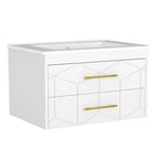 Meuble-lavabo mural 76 cm avec vasque, Meuble de salle de bain moderne, Plateau de meuble-lavabo en céramique, 2 grands tiroirs de rangement avec poignée en métal doré