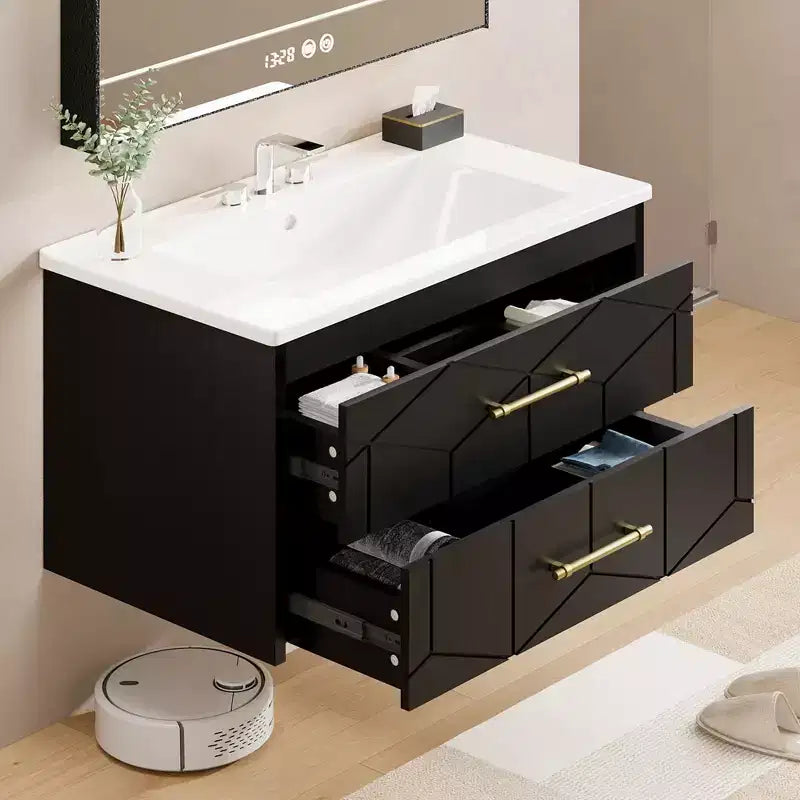 Meuble-lavabo mural 76 cm avec vasque, Meuble de salle de bain moderne, Plateau de meuble-lavabo en céramique, 2 grands tiroirs de rangement avec poignée en métal doré