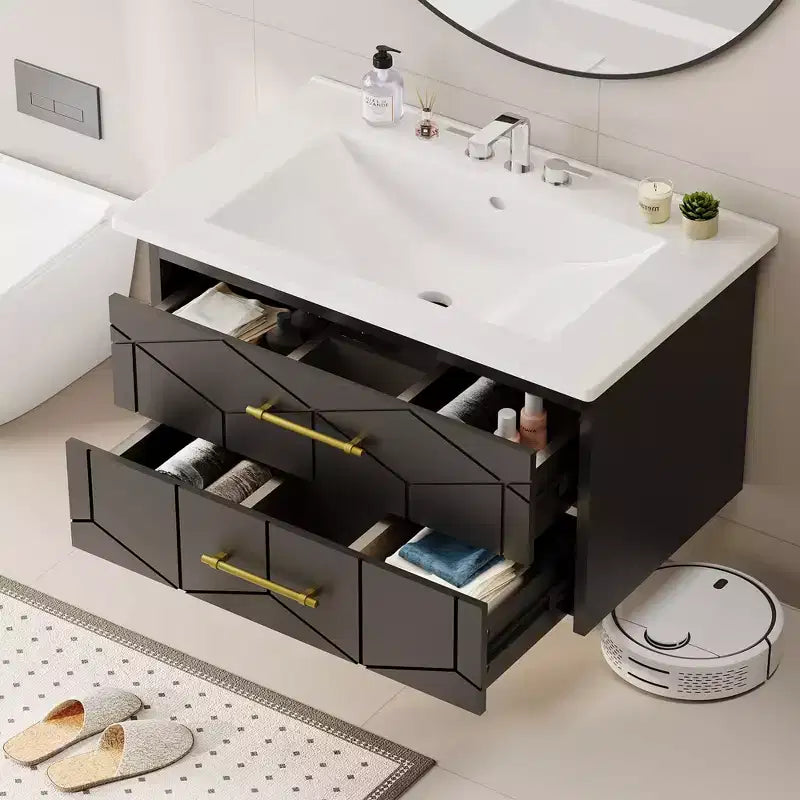 Meuble-lavabo mural 76 cm avec vasque, Meuble de salle de bain moderne, Plateau de meuble-lavabo en céramique, 2 grands tiroirs de rangement avec poignée en métal doré