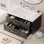 Meuble-lavabo mural 76 cm avec vasque, Meuble de salle de bain moderne, Plateau de meuble-lavabo en céramique, 2 grands tiroirs de rangement avec poignée en métal doré