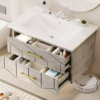 Meuble-lavabo mural 76 cm avec vasque, Meuble de salle de bain moderne, Plateau de meuble-lavabo en céramique, 2 grands tiroirs de rangement avec poignée en métal doré