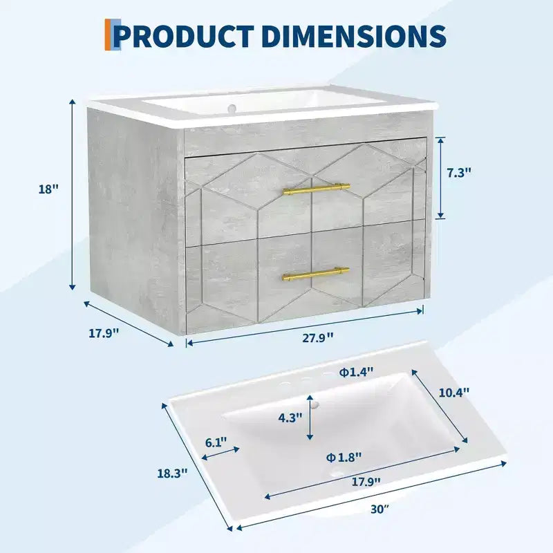 Meuble-lavabo mural 76 cm avec vasque, Meuble de salle de bain moderne, Plateau de meuble-lavabo en céramique, 2 grands tiroirs de rangement avec poignée en métal doré