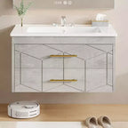 Meuble-lavabo mural 76 cm avec vasque, Meuble de salle de bain moderne, Plateau de meuble-lavabo en céramique, 2 grands tiroirs de rangement avec poignée en métal doré