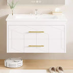 Meuble-lavabo mural 76 cm avec vasque, Meuble de salle de bain moderne, Plateau de meuble-lavabo en céramique, 2 grands tiroirs de rangement avec poignée en métal doré