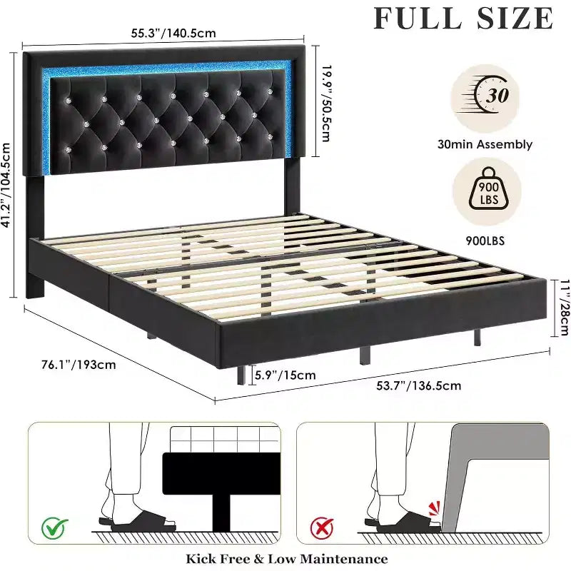 Cadre de lit flottant avec lumières LED intelligentes, tête de lit capitonnée en losange, aucun sommier tapissier requis
