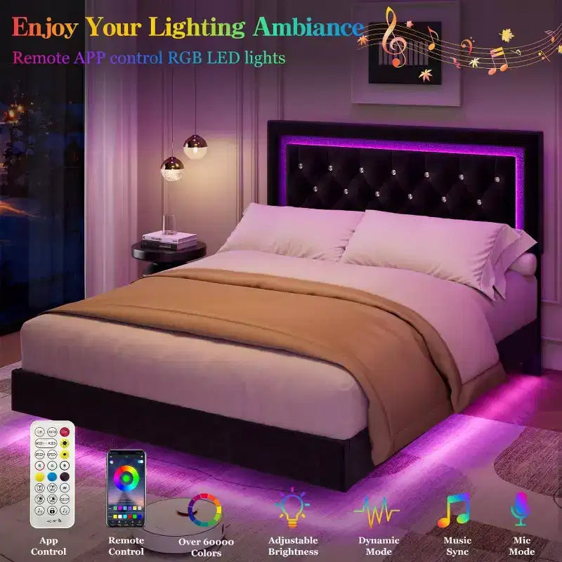 Cadre de lit flottant avec lumières LED intelligentes, tête de lit capitonnée en losange, aucun sommier tapissier requis