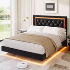 Cadre de lit flottant avec lumières LED intelligentes, tête de lit capitonnée en losange, aucun sommier tapissier requis