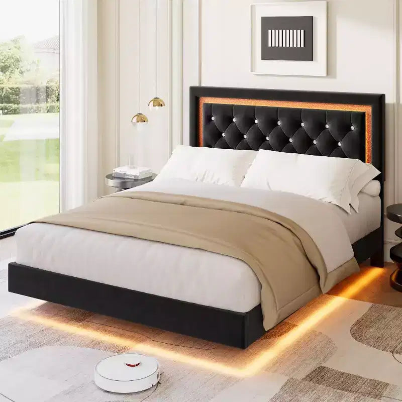 Cadre de lit flottant avec lumières LED intelligentes, tête de lit capitonnée en losange, aucun sommier tapissier requis