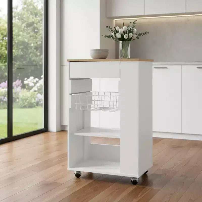 Chariot de cuisine roulant HomeRoots blanc et marron de 22 po avec rangement