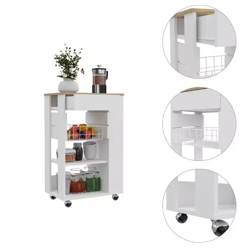Chariot de cuisine roulant HomeRoots blanc et marron de 22 po avec rangement